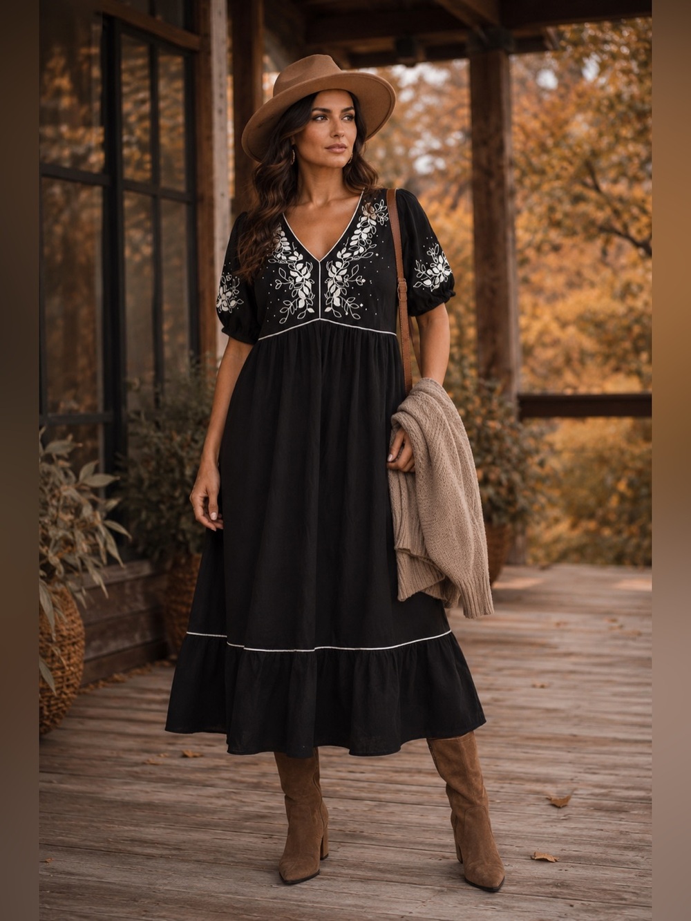 NEW Anthropologie Fig & Flower Embroidered Black Boho Midi Dress XL NWT